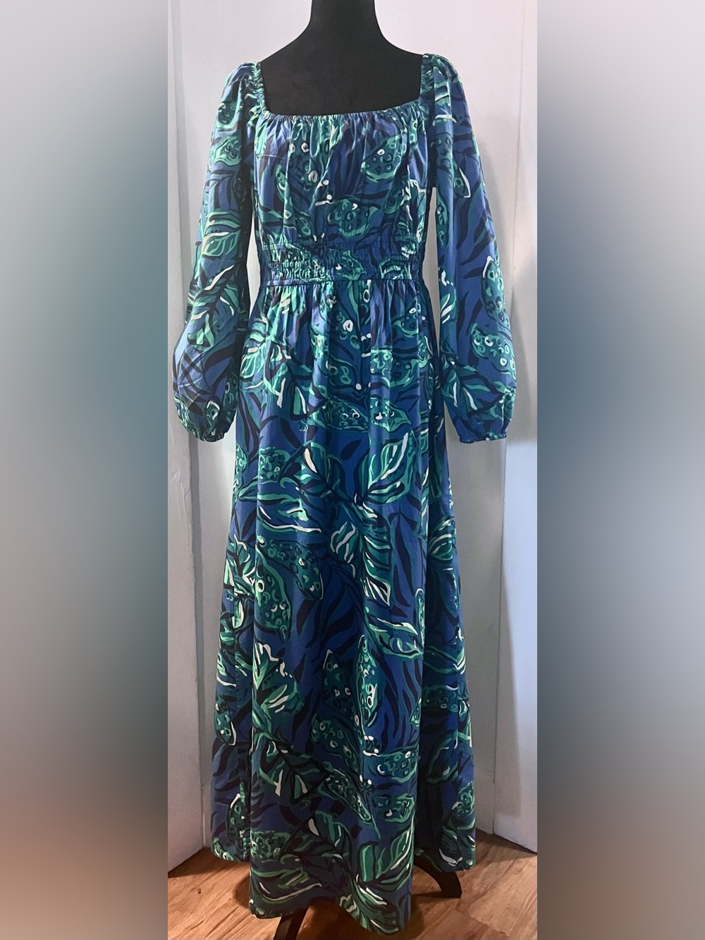 Lilly Pulitzer Blue and Teal Floral-Print Long Sleeve Maxi Dress Size Large New